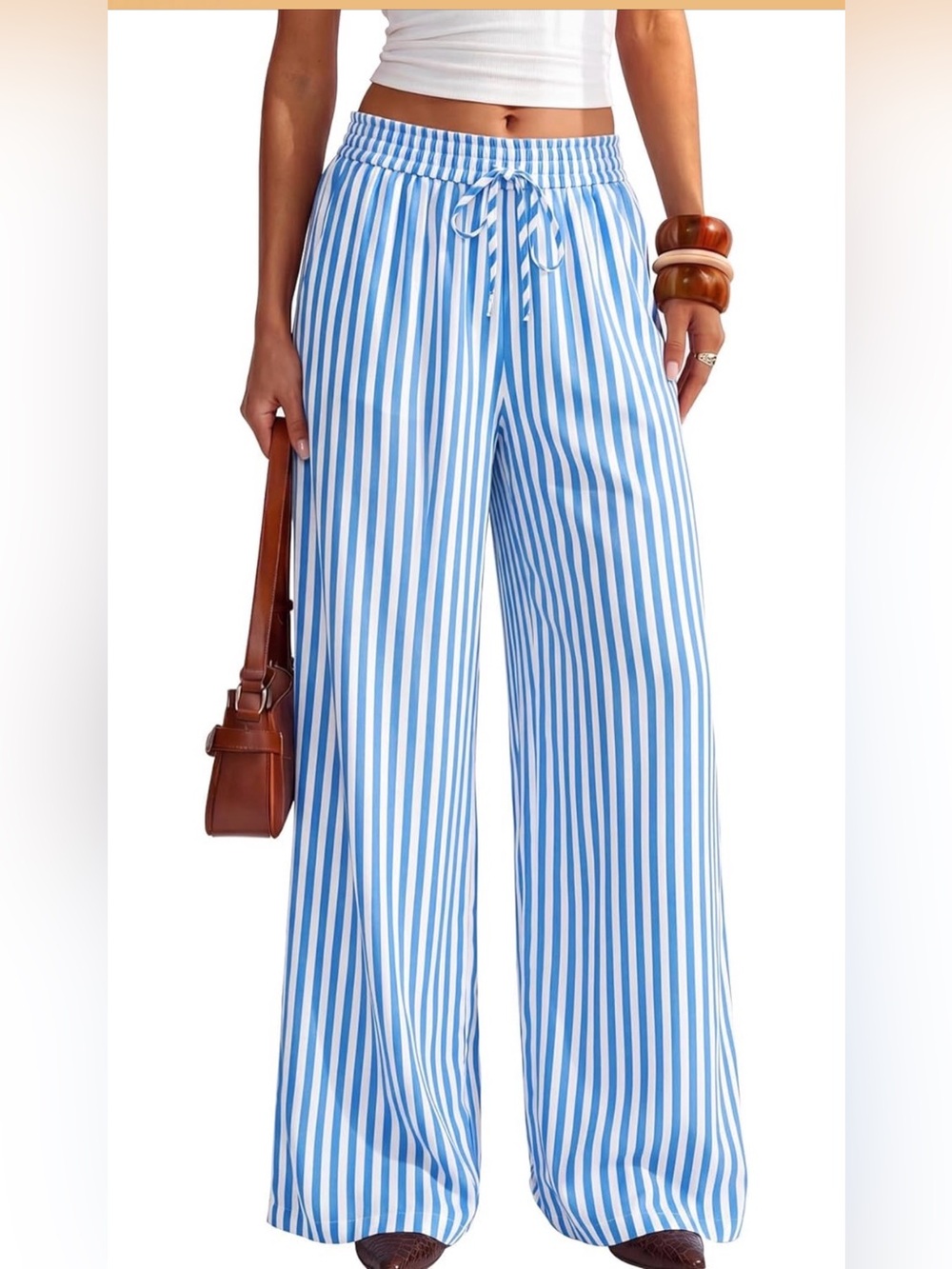 Striped Wide-Leg Drawstring Pants - Blue & White